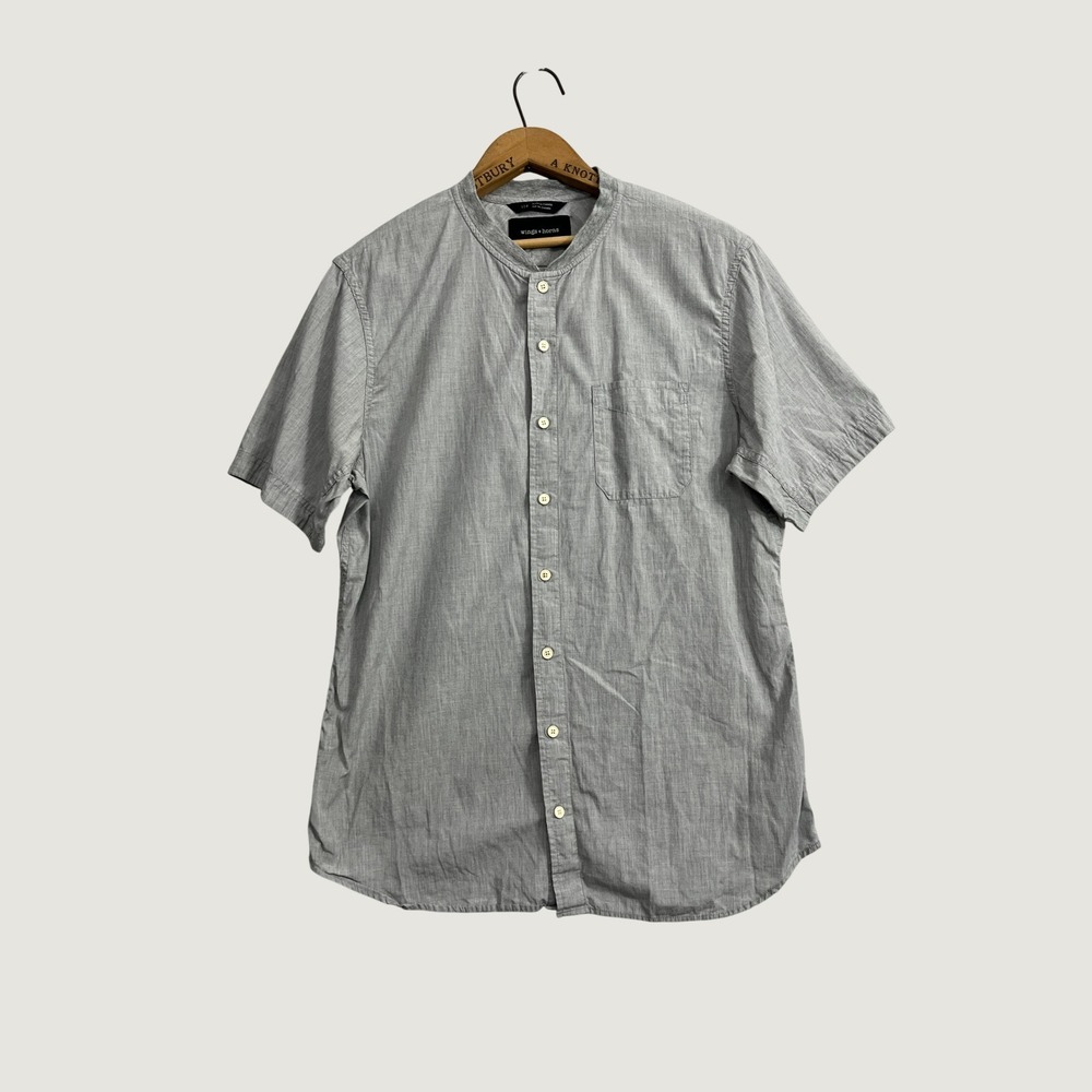 Wings + Horns Mens Large Gray Cotton Band Collar Short Sleeve Button Down Shirt